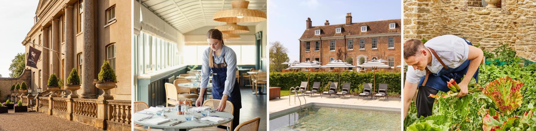 Montage of hotels and people working